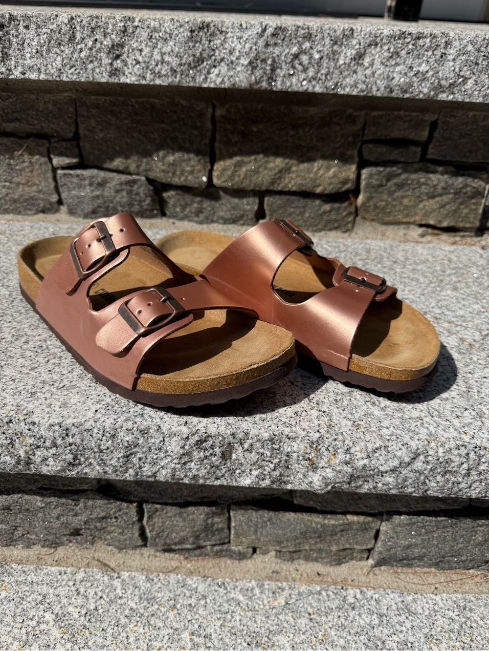 Cushionaire Metallic Rose Gold Double Buckle Slide Sandals